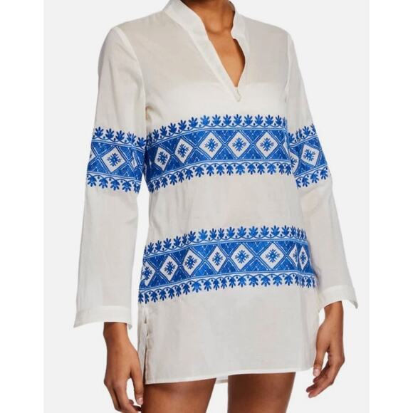 Tory Burch Stephanie Embroidered Coverup Tunic Top Ivory blue L - Picture 5 of 9